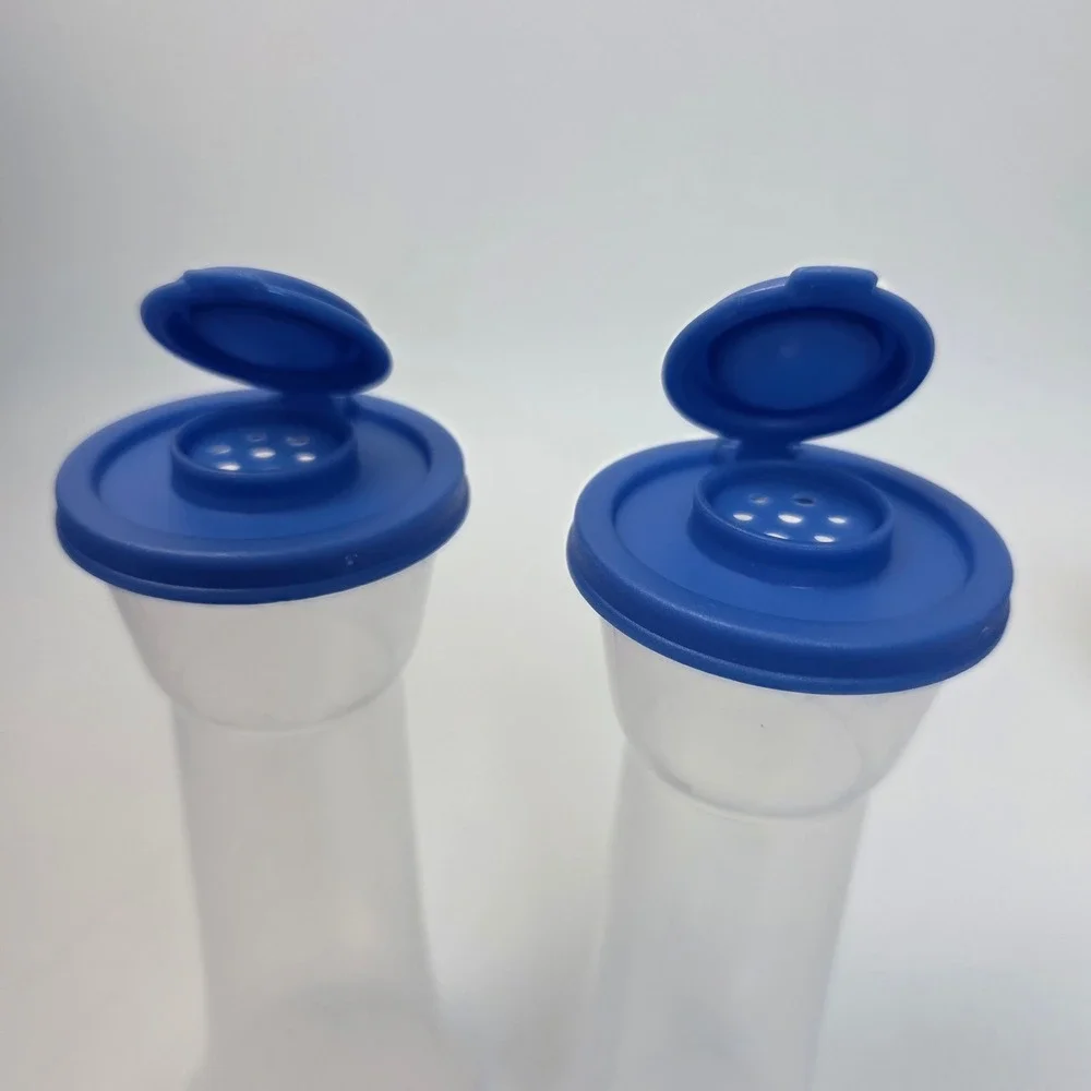 Hourglass Salt and Pepper Shakers Plastic Set Clear Blue Flip Top Seals NEW
